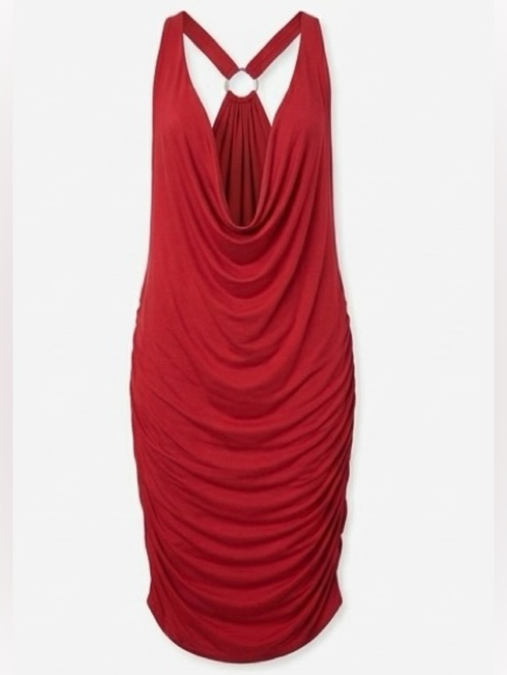 Red Cowl-Neck Midi Dress with Draped Hem